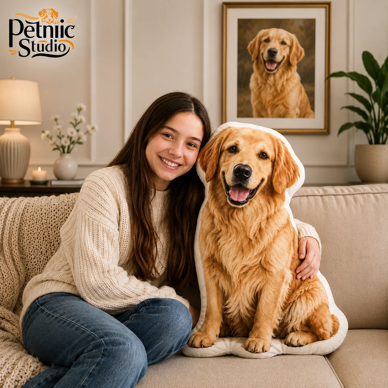 Custom 3D shaped pet pillow made from a dog's photo, die-cut to the pet's exact outline